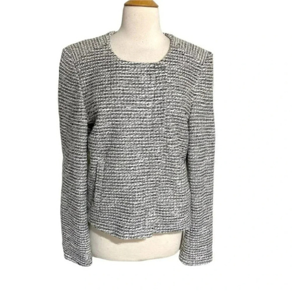 LOFT Textured Knit Collarless Jacket Black White Open Front Women's L